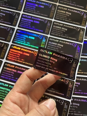 Этикетки для пластиковых флаконов Clomid 50 мг, этикетки для флаконов с черным фоном, лазерная печать слов